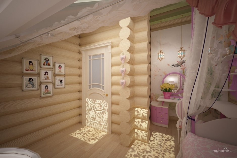 Детская комната для девочки в деревянном доме