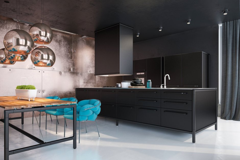 Кухня лофт с черным металлом