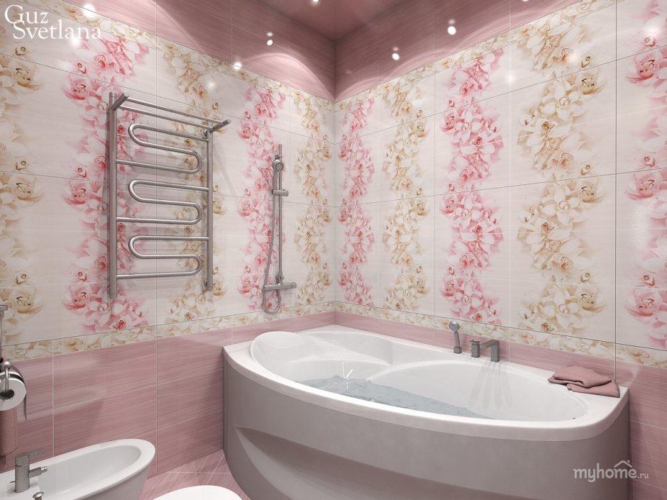 Плитка для ванной розовая с орхидеями