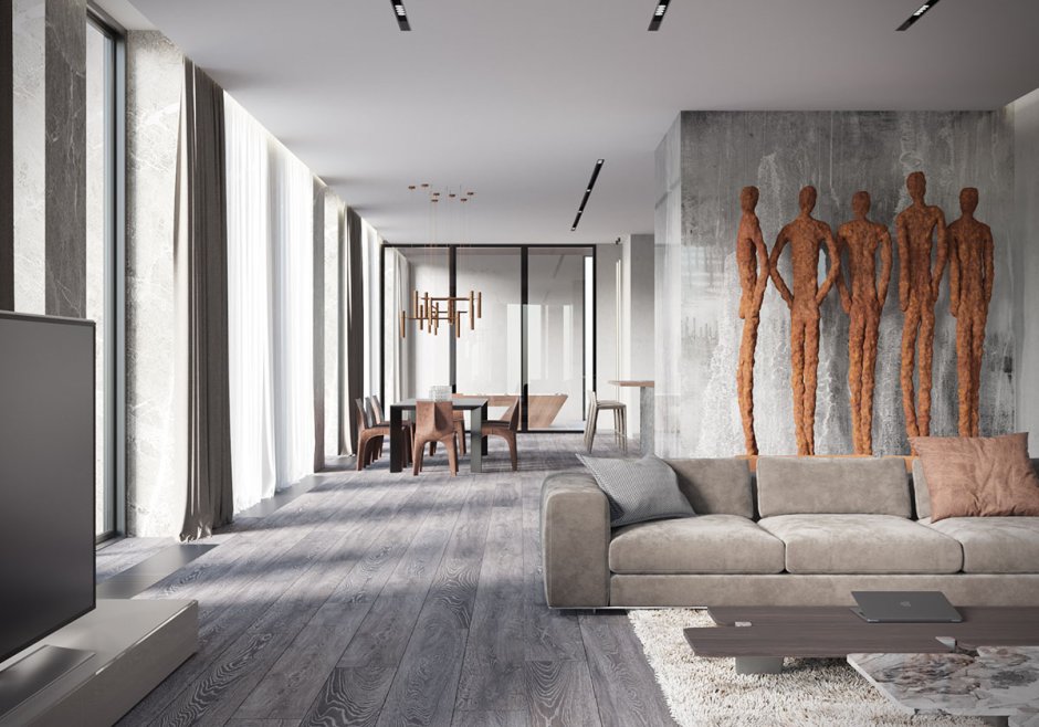 Бетон и дерево в интерьере гостиной