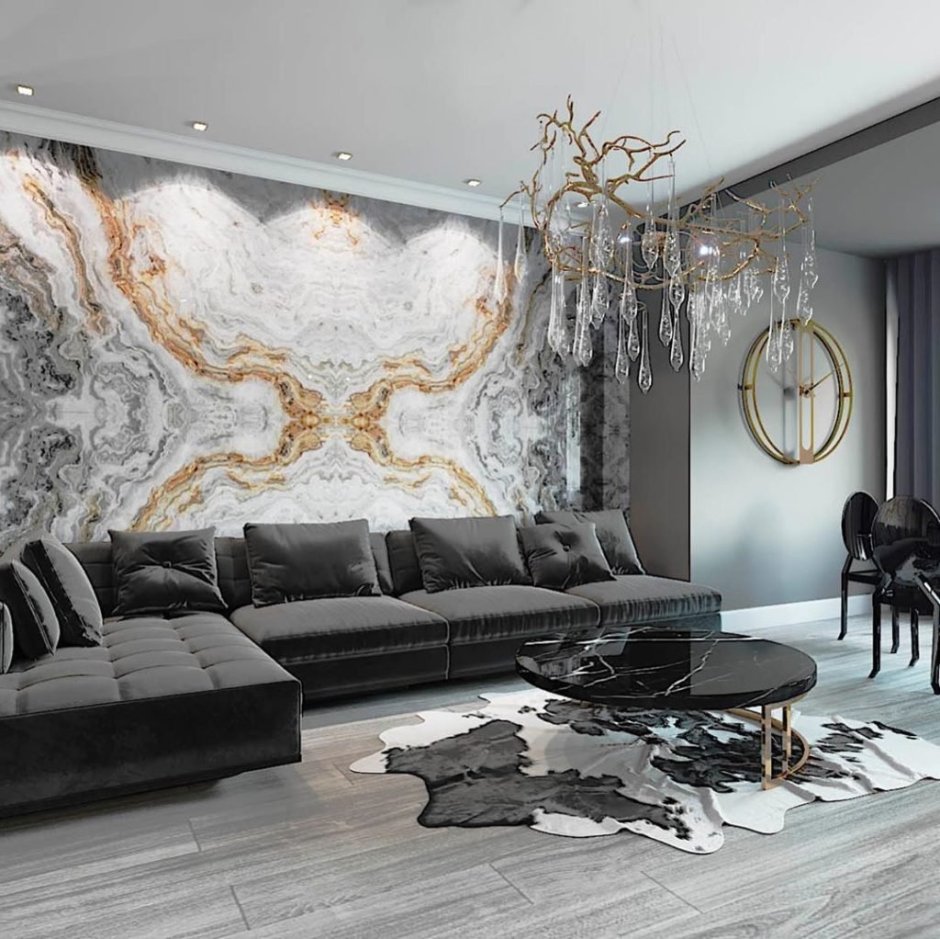 Яркие шторы в черно белом интерьере