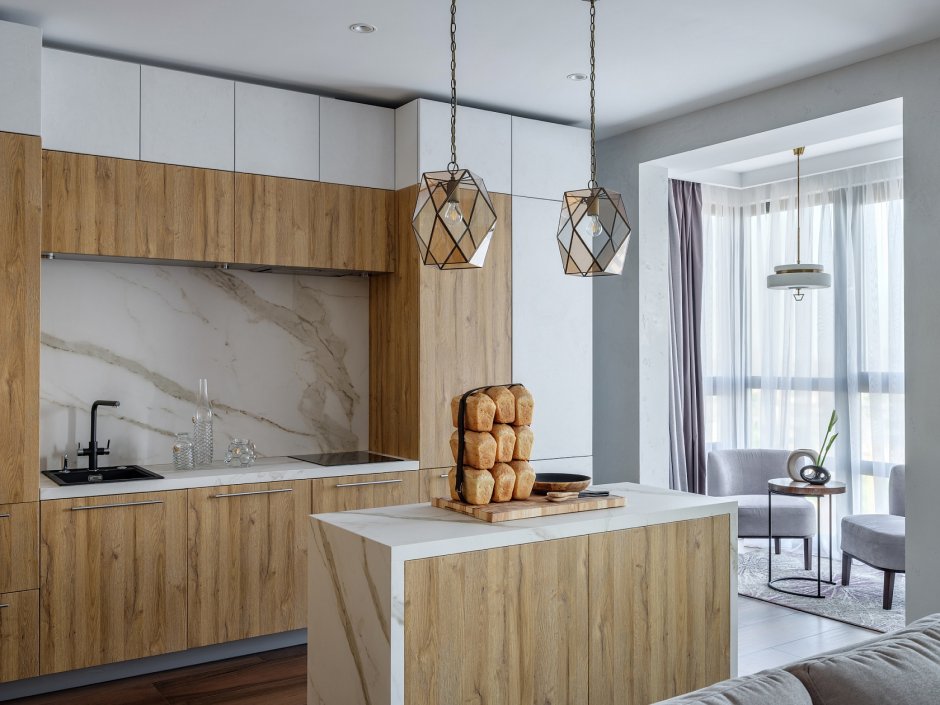 Кухня под мрамор и дерево