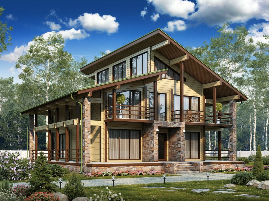 Дом 2 этажа с односкатной крышей из бруса