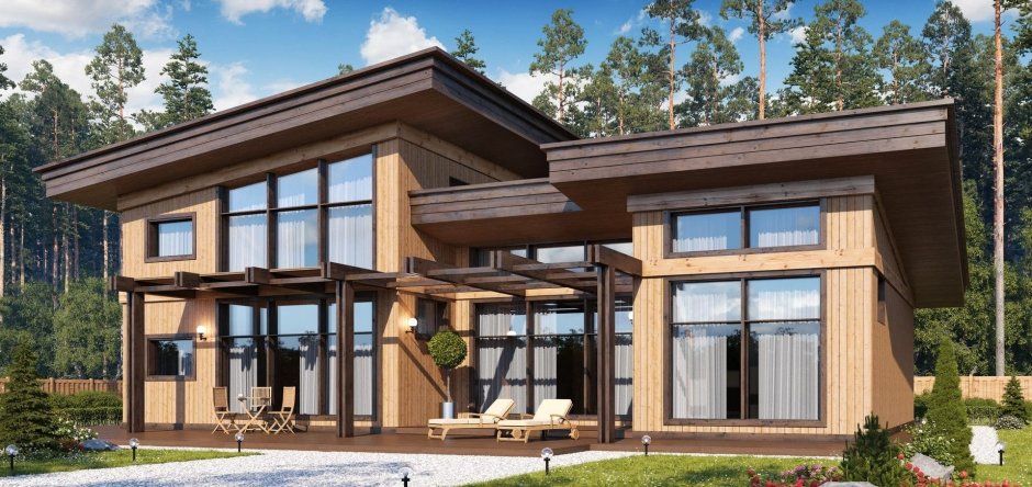 Деревянный дом с панорамными окнами двухэтажный