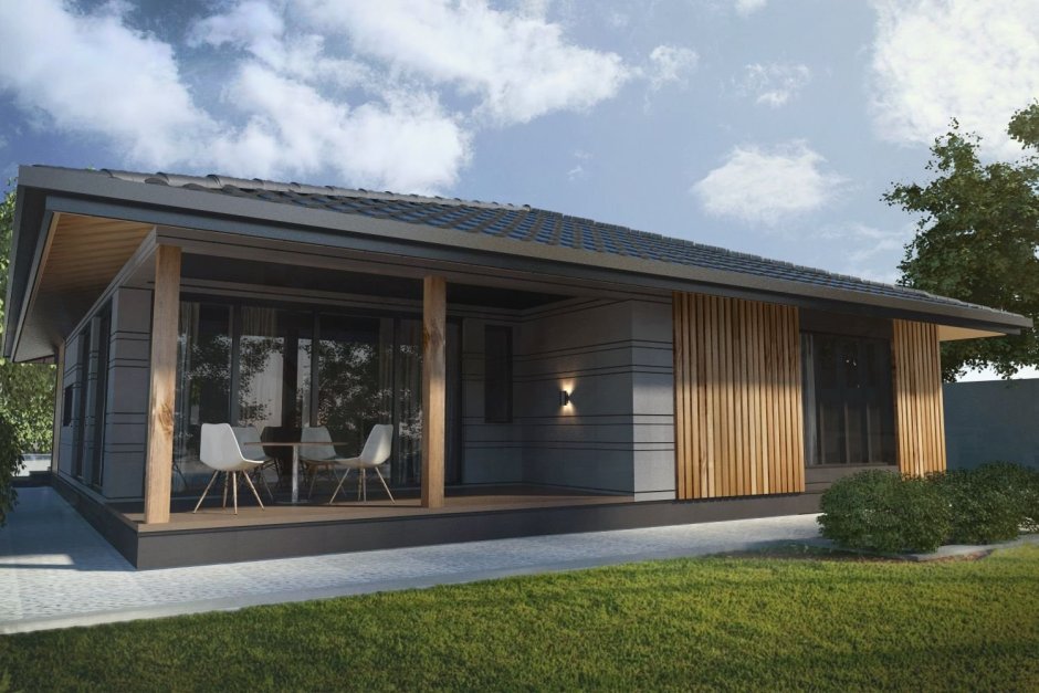Одноэтажный дом с фасадом из планкена