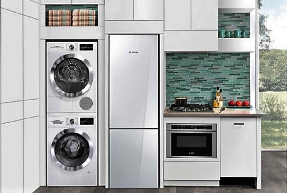 Стиральная и сушильная машина на кухне