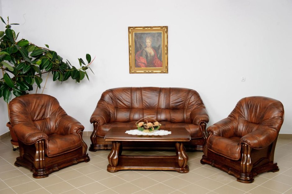 Кожаная мягкая мебель диван и 2 кресла