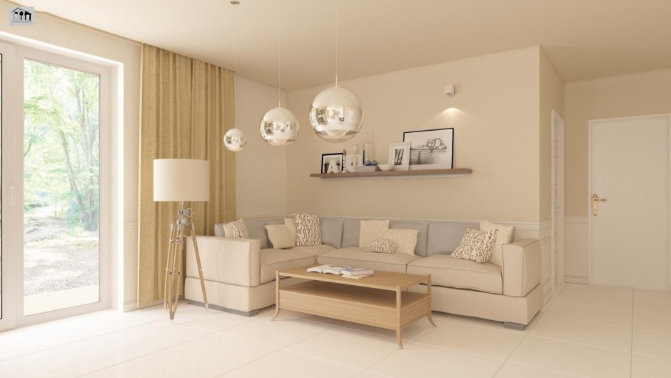 Телевизор на стене с белой тумбой в гостиной