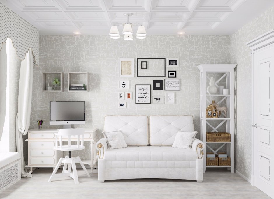 Уютная гостиная в белых тонах