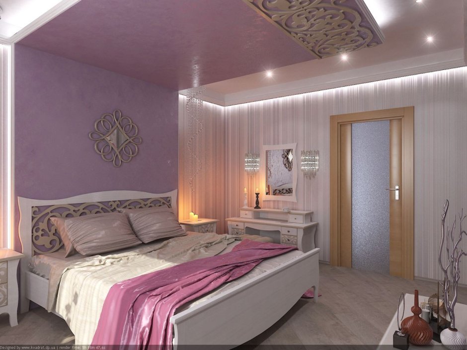 Подвесной потолок в спальне над кроватью