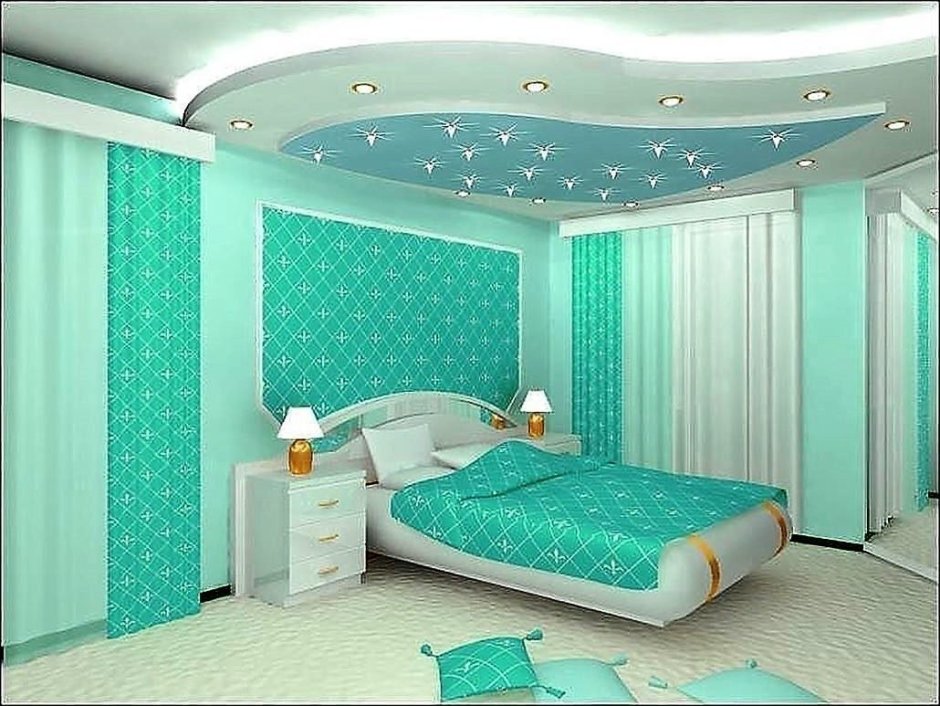 Голубой натяжной потолок в спальне