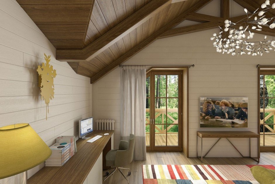 Интерьер спальни отделанной имитацией бруса