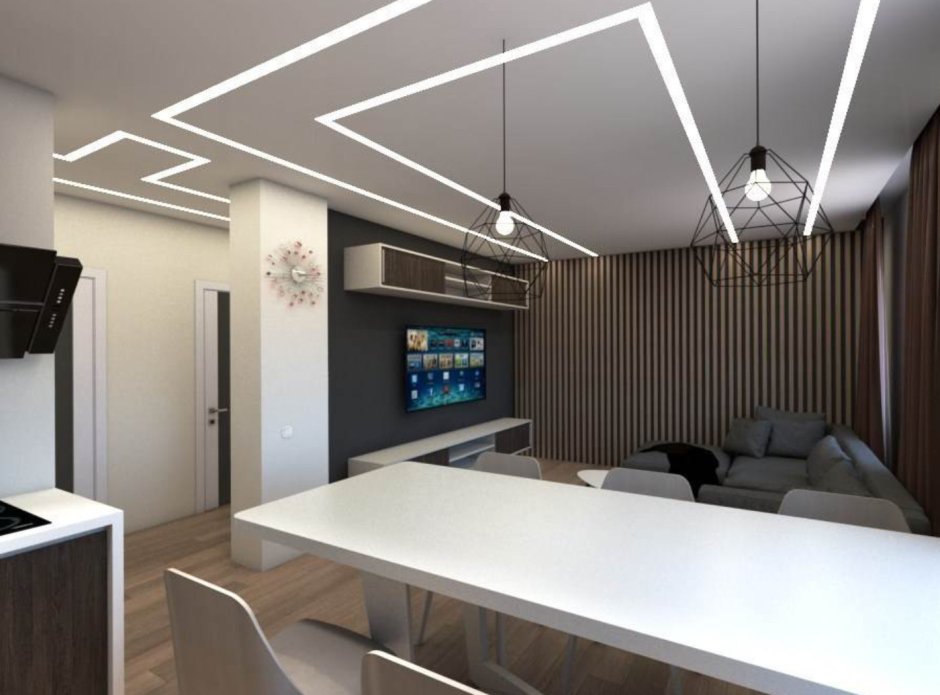 Световые линии в кухне гостиной