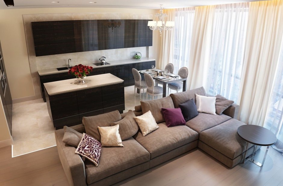 Зонирование кухни с диваном