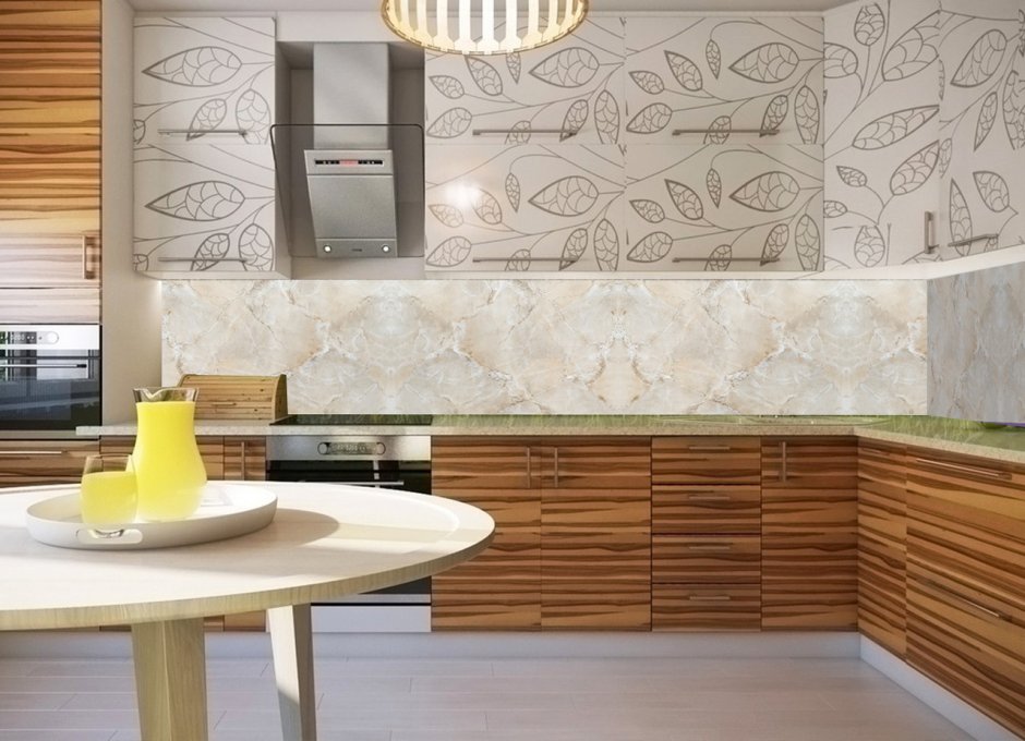 Стеновая панель мраморная для бежевой кухни