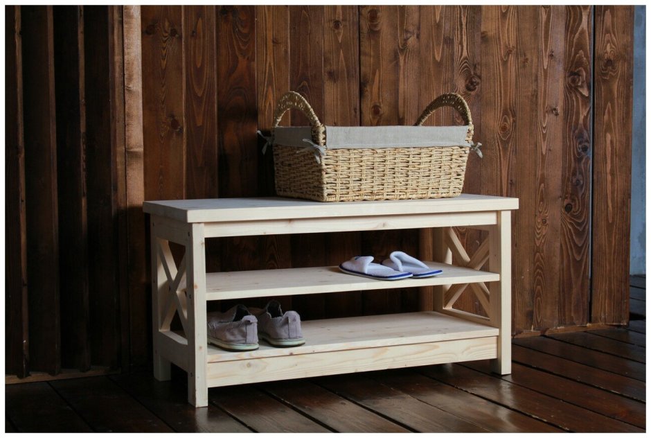 Тумба для обуви широкая, с сидением, 3 полки, 450 х 890 х 400, деревянная