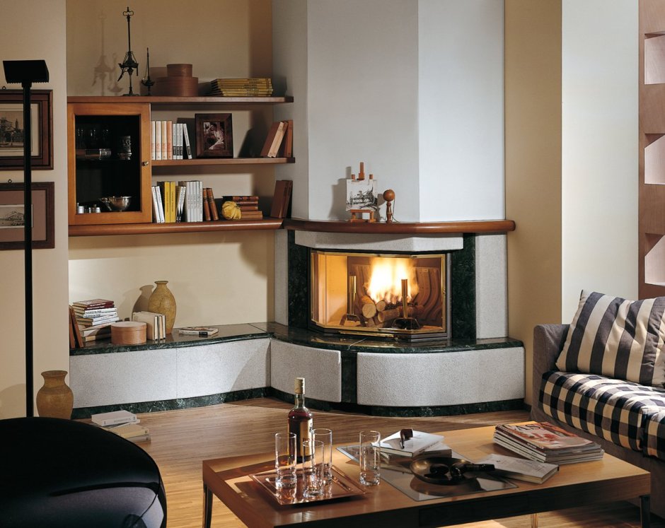 Угловой камин в интерьере