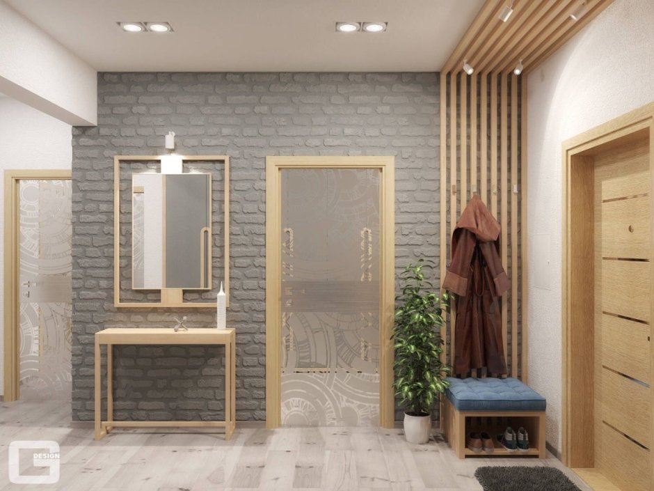 Прихожая в стиле лофт с рейками