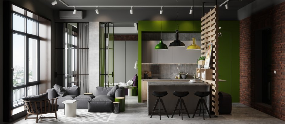 Зеленый интерьер студии