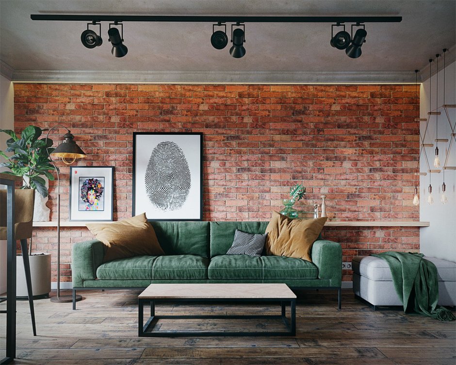 Зеленый диван в стиле лофт