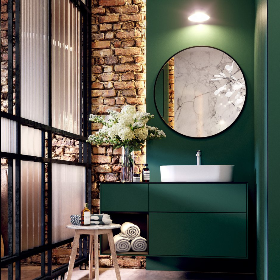 Изумрудный цвет в интерьере ванной
