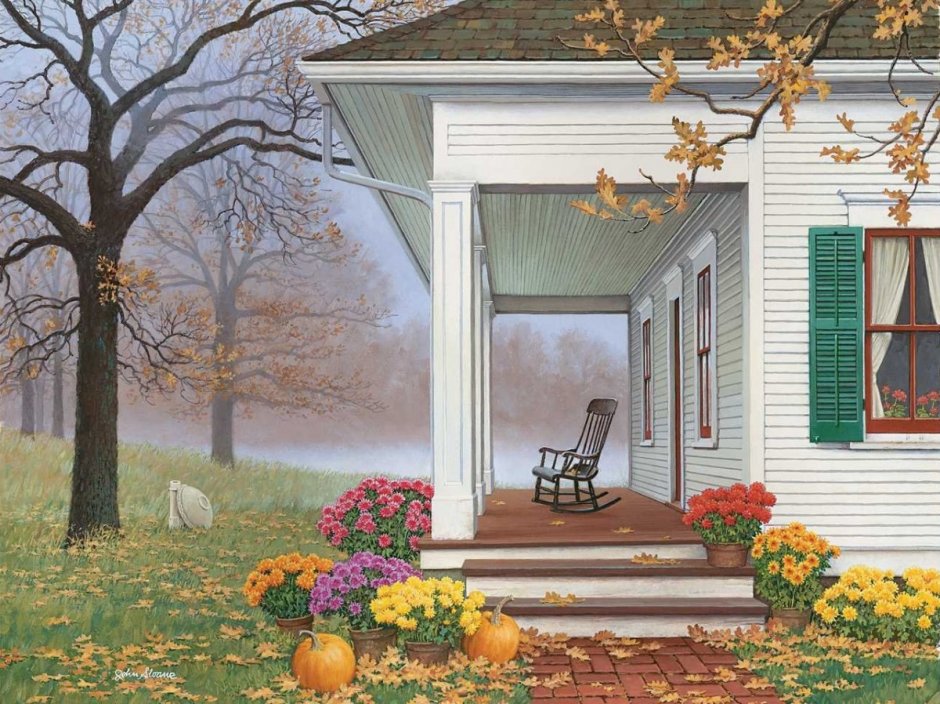 Осенний дом с крыльцом