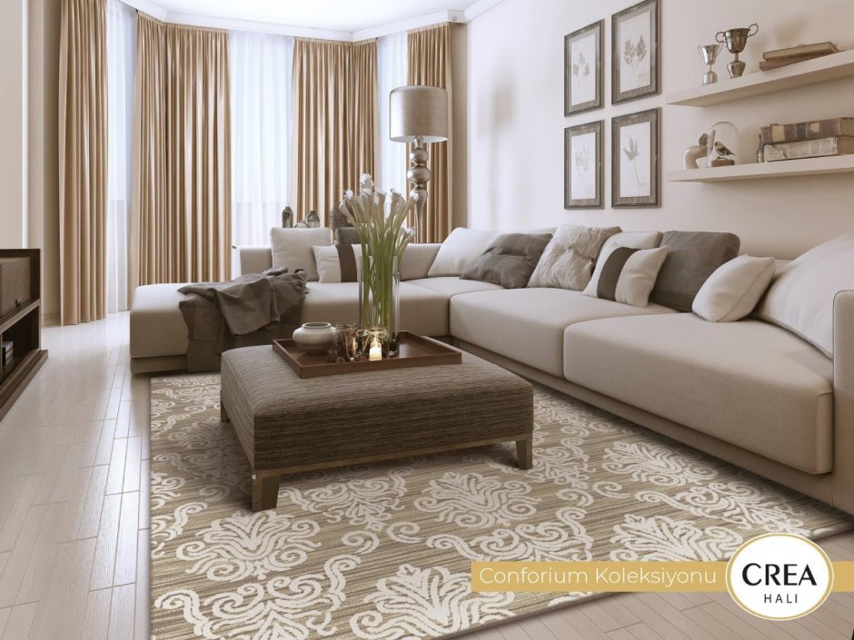 Ковер в гостиной с угловым диваном