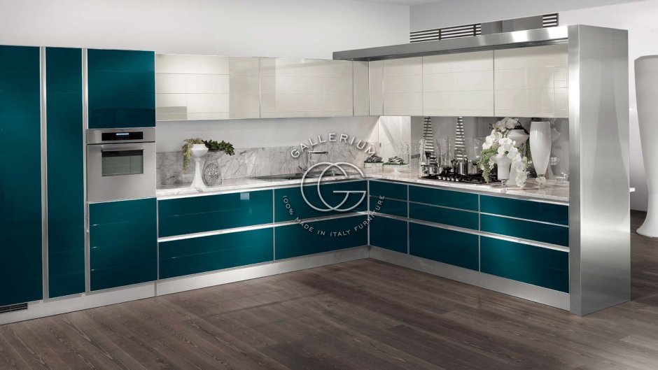 Бирюзовая кухня пластик хайтек