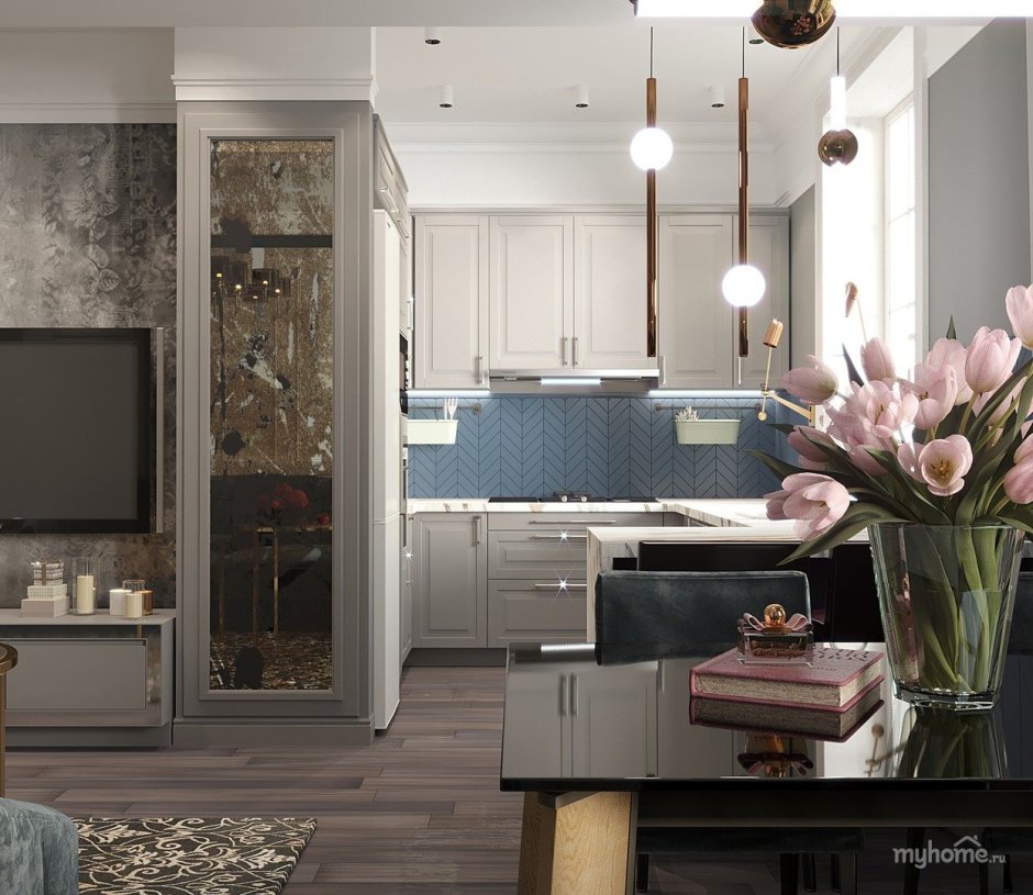 Объединенная кухня с гостиной в сталинке