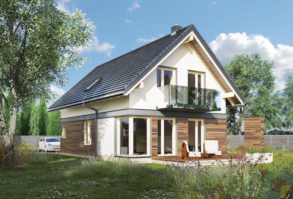 Каркасный дом с ассиметричной крышей и мансардой