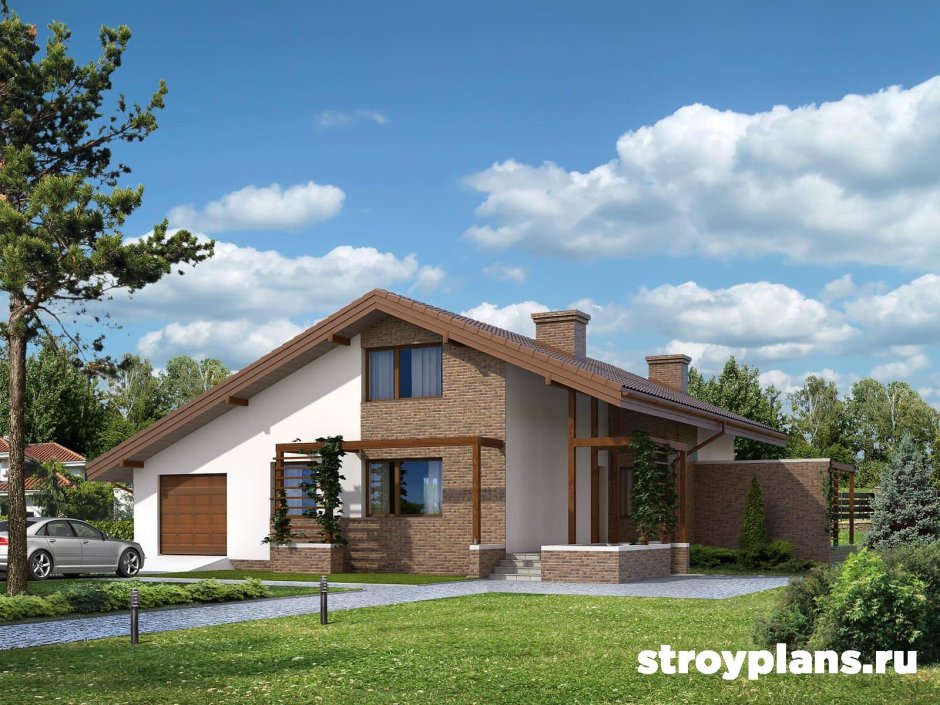 Дом с двускатной крышей и террасой