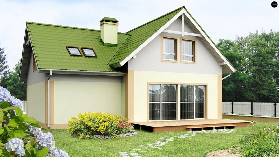 Одноэтажный дом с зеленой крышей