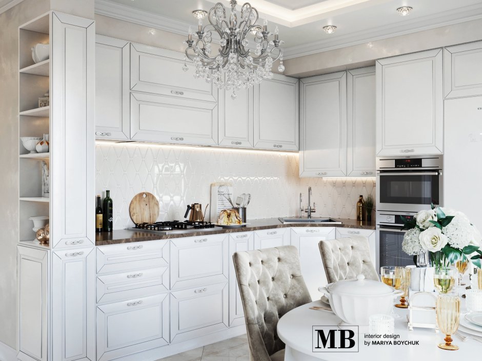 Светло серая классическая кухня