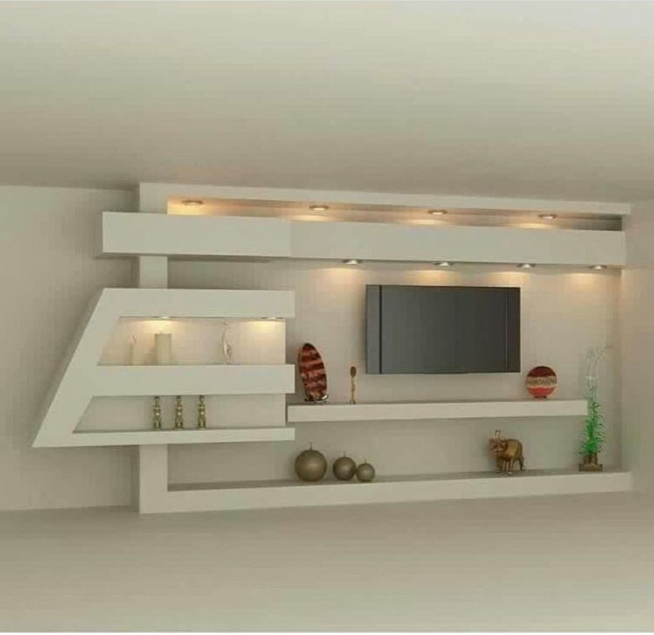 Гостиная с полками из гипсокартона