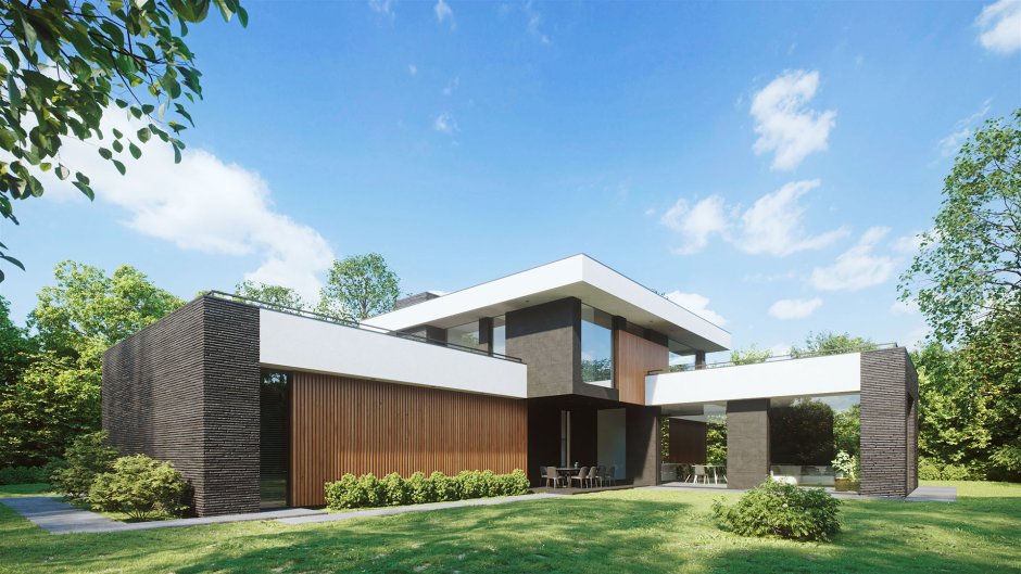 П образный дом с плоской крышей