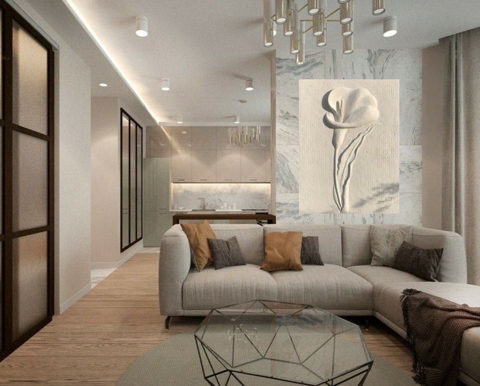 Камин между окнами в гостиной