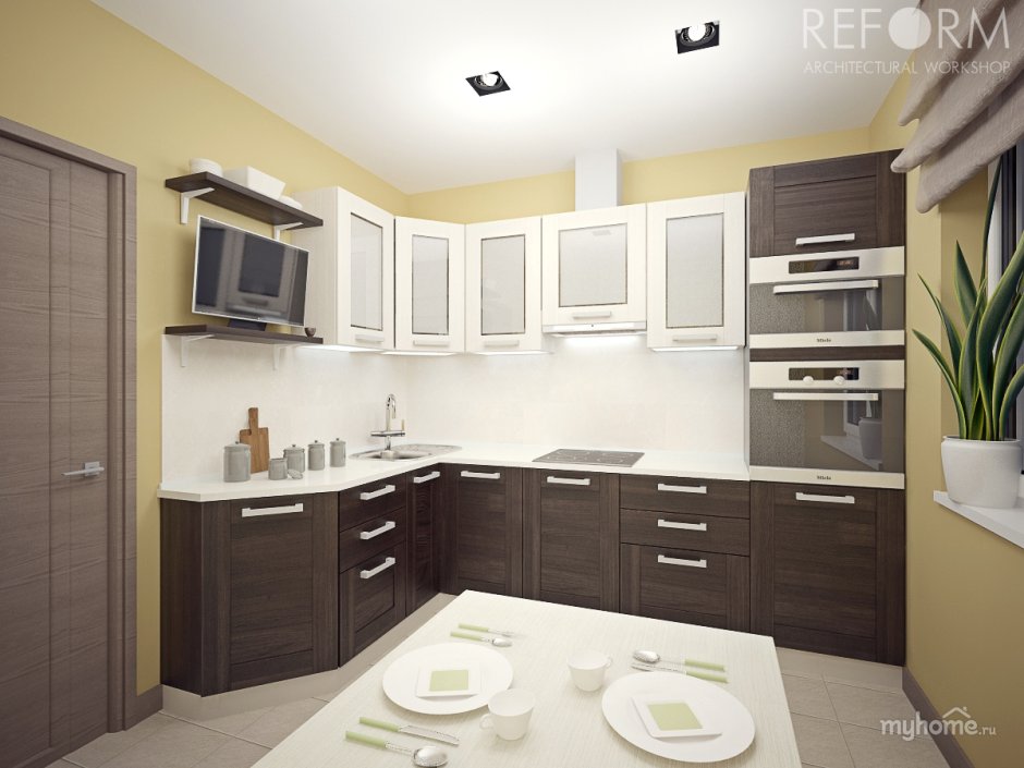 Кухня в бело коричневых тонах угловая