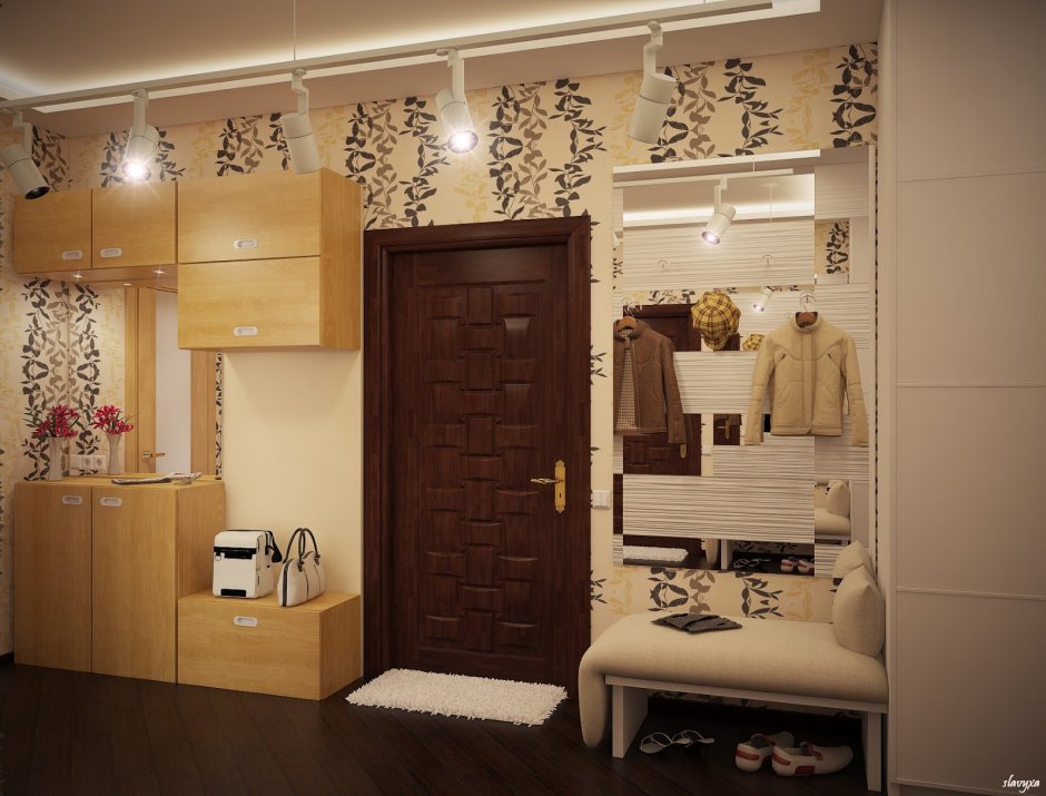 Квадратная прихожая с 4 дверьми