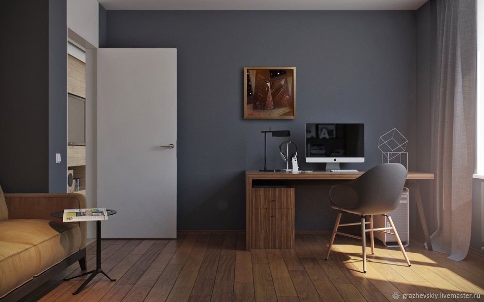 Спальня с темным полом