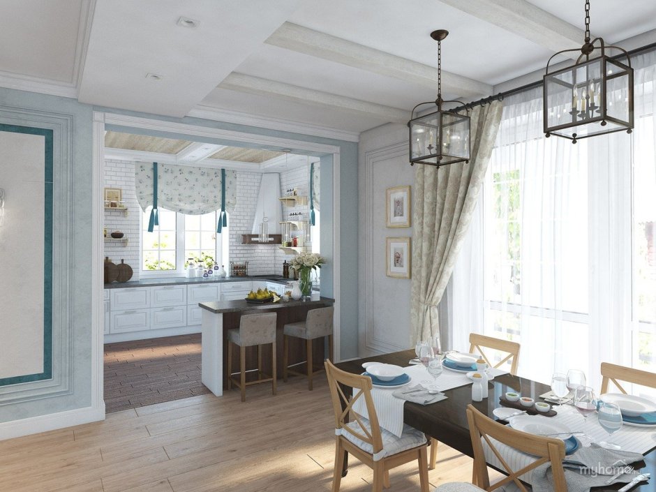 Кухня-столовая 20 кв.м в прованском стиле