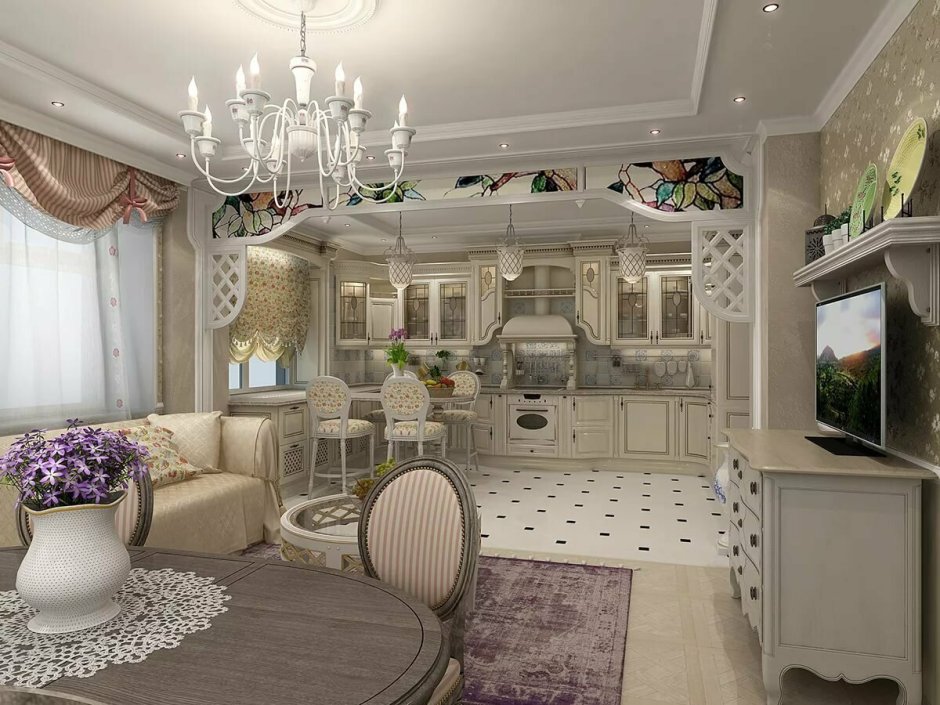 Кухня-столовая 20 кв.м в прованском стиле