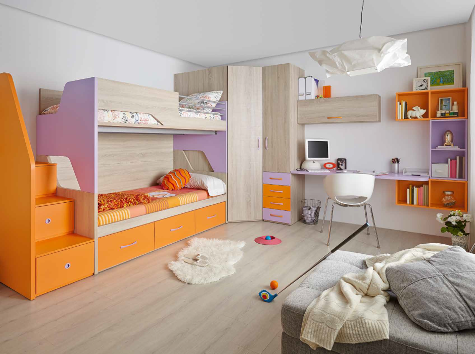 Детская спальня с двухъярусной кроватью и угловым шкафом