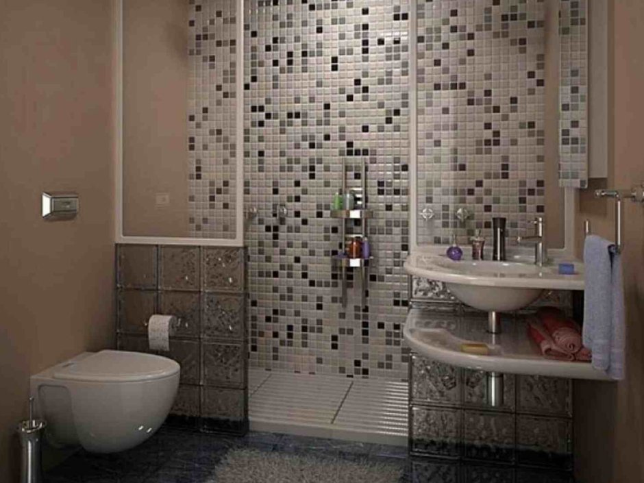 Душевая кабина из мозаики и плитки