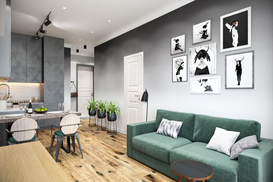 Зеленый диван в Сканди интерьере