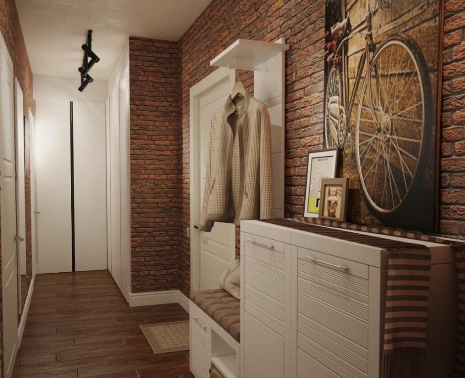 Прихожая белый кирпич и дерево