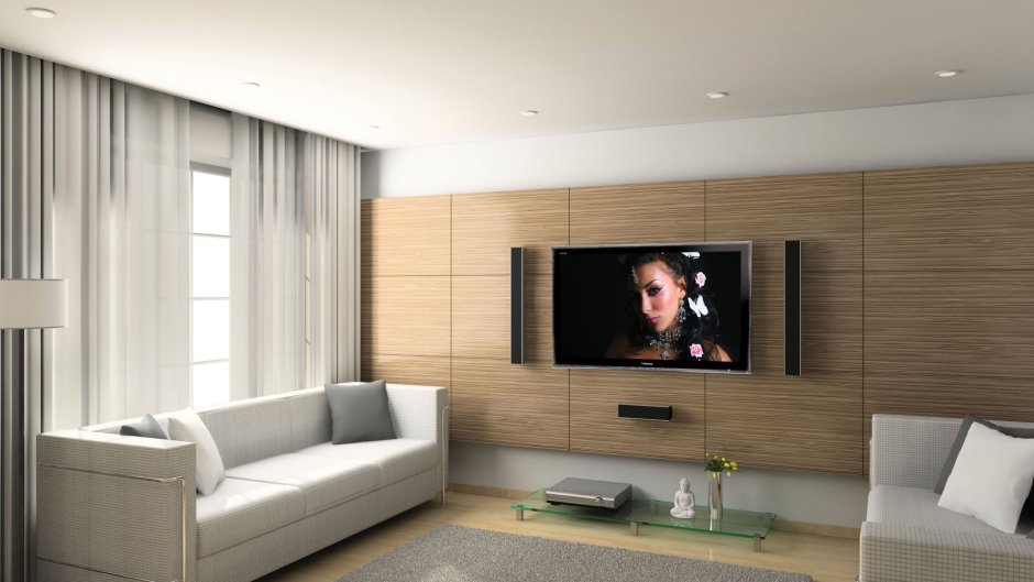 Отделка под дерево зоны телевизора в гостиной