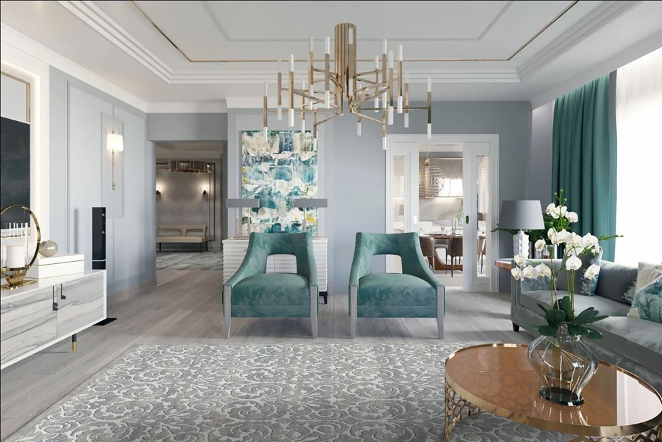 Гостиная Неоклассика с бирюзой