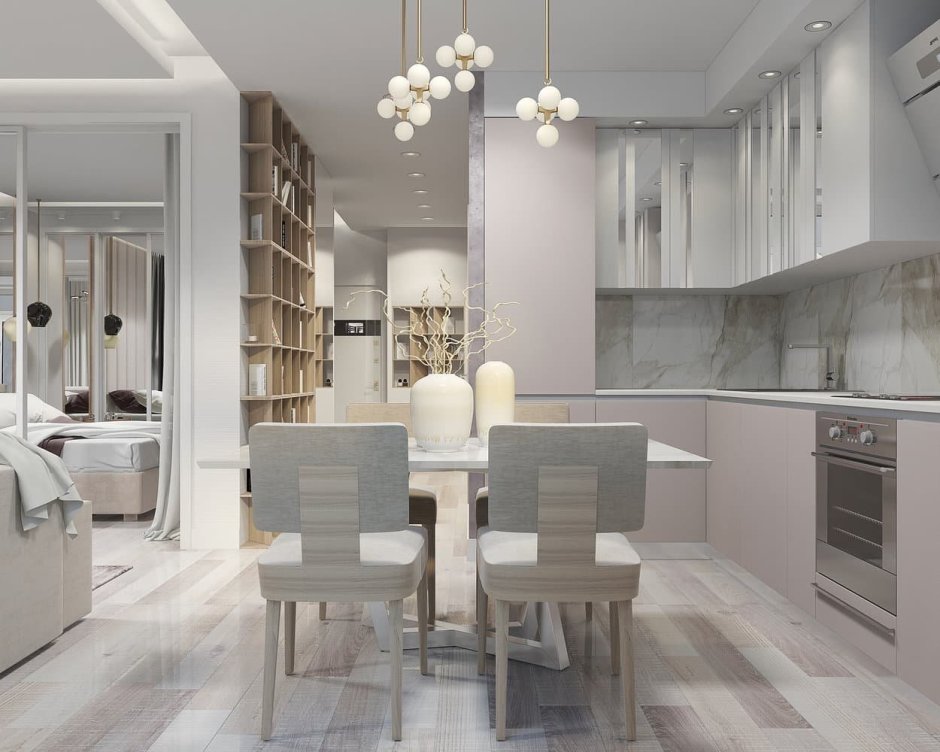 Кухня гостиная в пастельных тонах