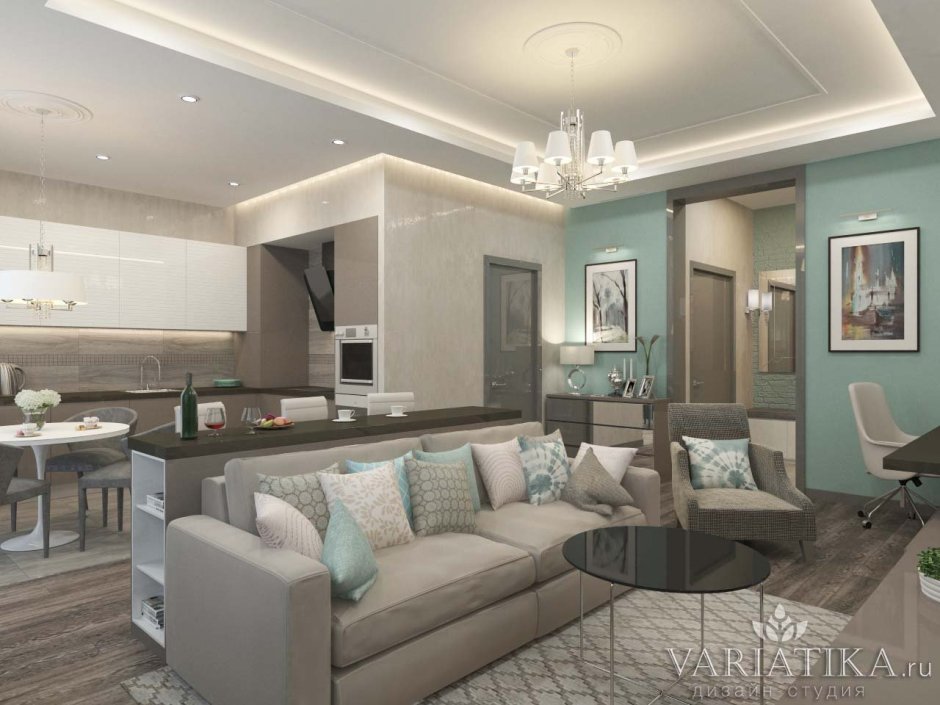 Кухня-гостиная в серо-бежевых тонах