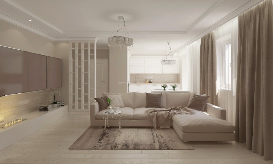 Кухня гостиная в бежевых тонах